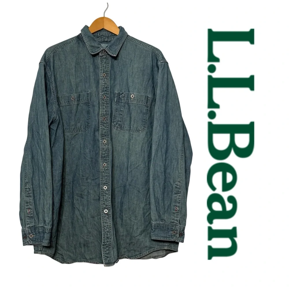 L.L. Bean Indigo Denim Shirt Workwear‎ Utility Trucker Silver Buttons Large Tall